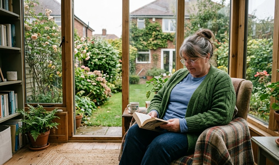 Woman reading book in cosy conservatory with garden view and bookshelves